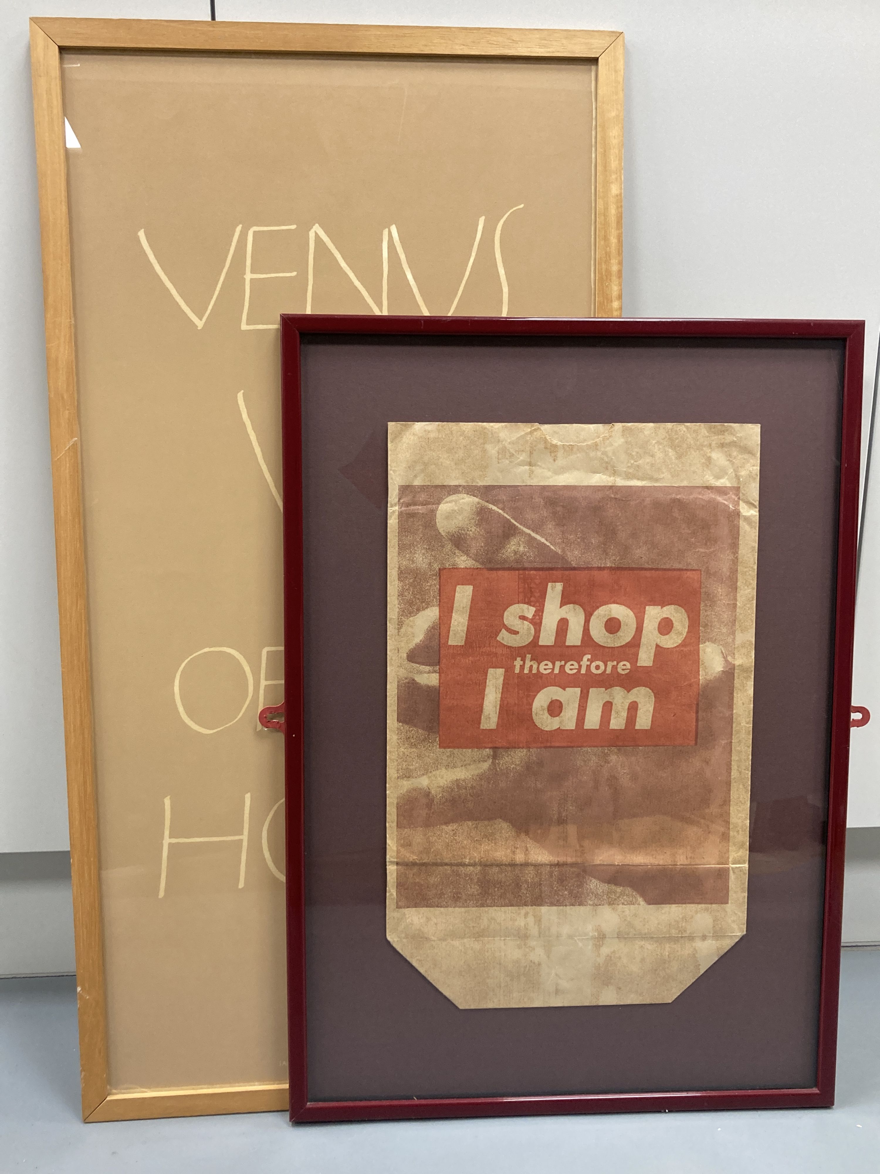 Barbara Kruger (1945-), photo lithograph on shopping bag, I shop therefore I am 1990, 44 x 27cm, and Ian Hamilton Finlay print, Venu